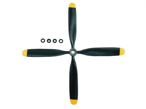 Vierblättriger Propeller mit gelben Spitzen, bereit für den Einbau in einen blf Motor. Vier kleine Ringe liegen daneben.