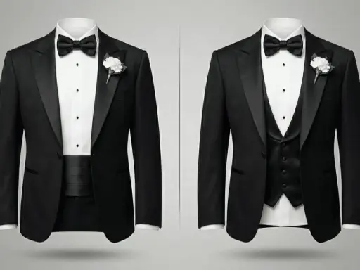 Two tuxedos shown. Left: tuxedo with cummerbund. Right: tuxedo with vest, demonstrating how to wear a tuxedo vest.
