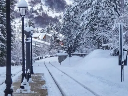 Stazione innevata, binari coperti di neve, lampioni e alberi imbiancati. Un paesaggio da **campo di Giove** in inverno.