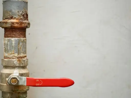 Tubería oxidada con una llave de paso general roja, lista para controlar el flujo.