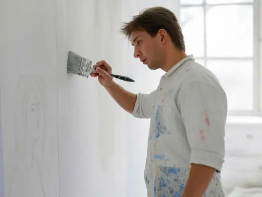 Un peintre applique une couche de chaux éteinte sur un mur, esquissant un portrait.
