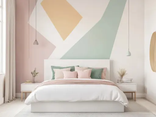 Camera da letto con letto bianco, cuscini rosa e verdi, e un'audace decorazione geometrica color block pareti con sfumature pastello.