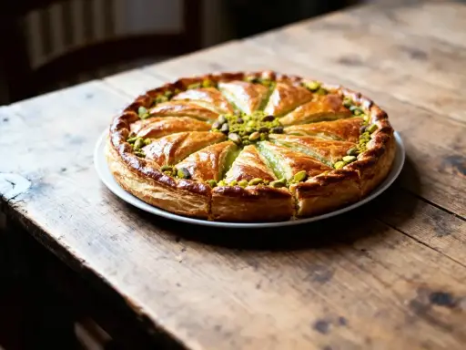 Une galette des rois à la pistache, dorée et appétissante, garnie de pistaches concassées, sur une table en bois rustique.