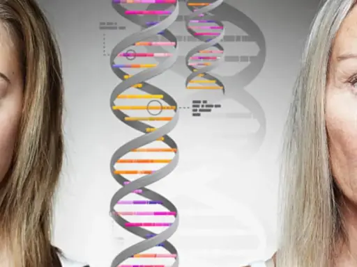 Mitad de rostro de joven y anciana, con cadenas de ADN en el centro. Los genes se heredan, mostrando la continuidad a través del tiempo.