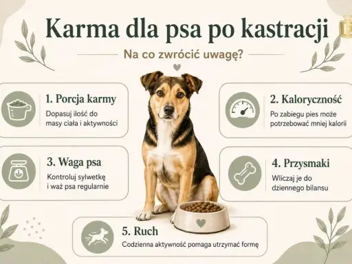 Uroczy piesek przy misce z karmą. Porady dotyczące żywienia psa po kastracji: porcja, kaloryczność, waga, przysmaki i ruch.
