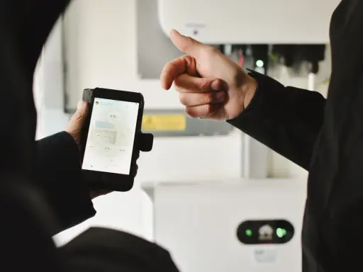 En person håller upp en mobiltelefon med sesol appen som visar solenergi-data. En annan person pekar mot en vit enhet i bakgrunden.