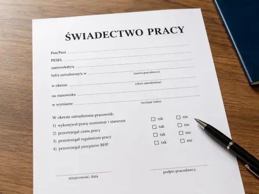 Świadectwo pracy z polami do wypełnienia, w tym okresy zatrudnienia. Długopis i notatnik sugerują formalne sprawy.