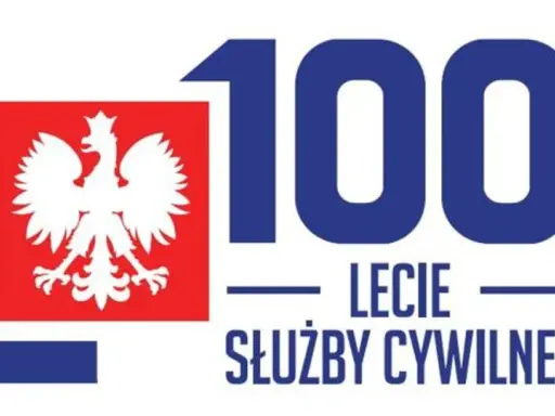 Logo z białym orłem na czerwonym tle, cyfrą 100 i napisem "LECIE SŁUŻBY CYWILNEJ".