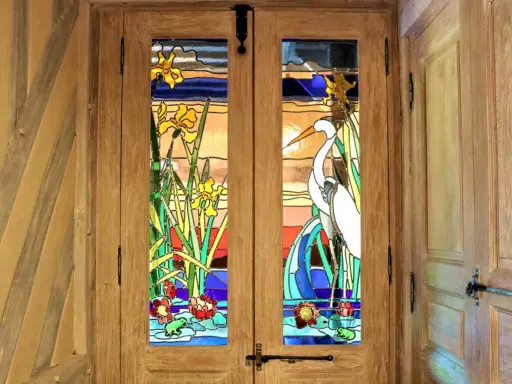 Portes en bois ornées de vitraux représentant des iris, un héron et des nénuphars. L'art de faire des vitraux sublime cette entrée.