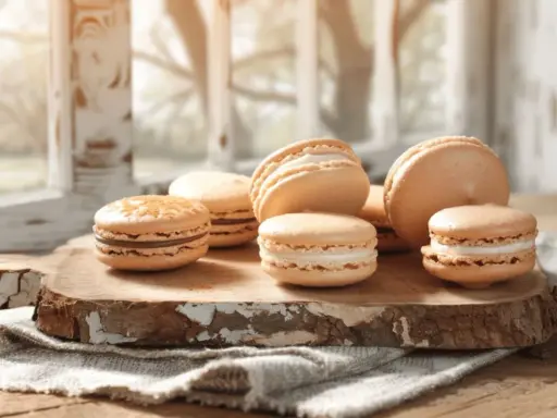 Douceurs de Pâques : des macarons aux teintes pastel, garnissent une planche en bois rustique, baignés d'une lumière douce.