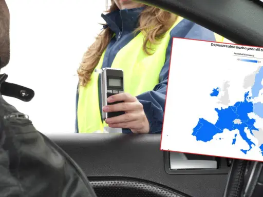 Policjantka bada kierowcę alkomatem. Obok mapa Europy z dopuszczalną normą alkoholu we krwi.