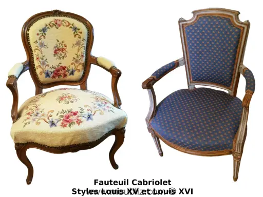 Deux fauteuils cabriolets, l'un fleuri, l'autre bleu. Apprenez comment reconnaitre un fauteuil Louis XVI d'époque par ses lignes épurées.