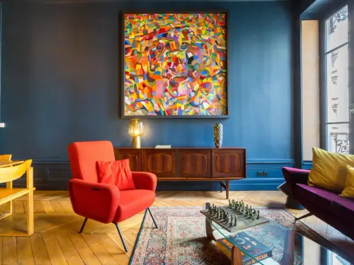 Ein Wohnzimmer mit einem farbenfrohen Gemälde im art déco zeitraum, rotem Sessel, Holzsideboard und einem Schachspiel auf dem Couchtisch.