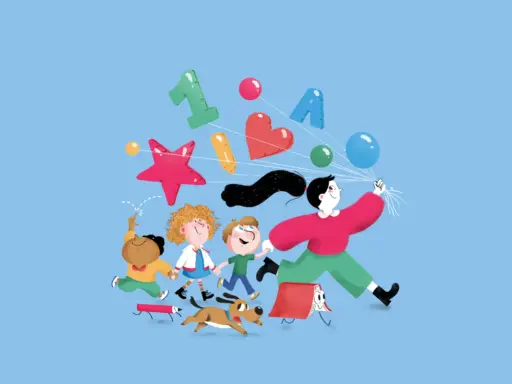 Bambini e un adulto corrono felici con palloncini e simboli di apprendimento, un'allegra rappresentazione di metodologie didattiche inclusive.