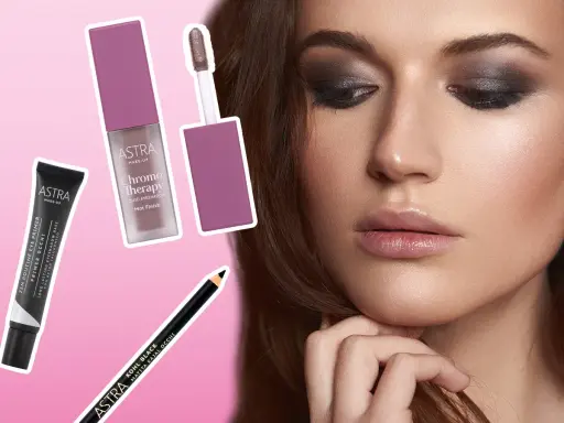 Occhi magnetici con un trucco smokey eyes intenso, valorizzati da primer, ombretto liquido e matita kajal Astra.