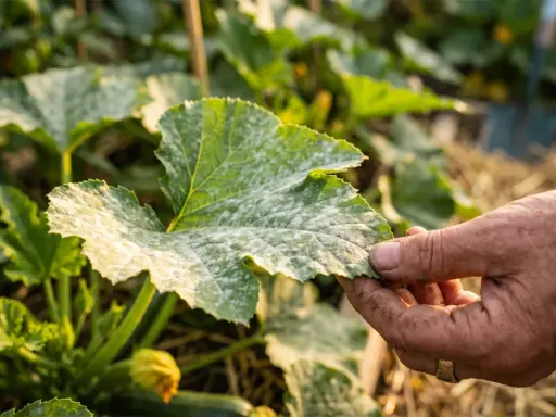 Main d'un jardinier examinant une feuille de courgette blanche couverte de mildiou.