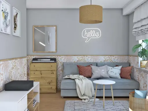 Przytulny, mały pokój dziecięcy w bloku. Na ścianie neonowe "hello", obok kanapy komoda z keyboardem.