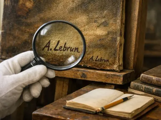 Examining a painting's signature with a magnifying glass is key to how to date a painting. The cracked texture and aged look suggest a historical piece.