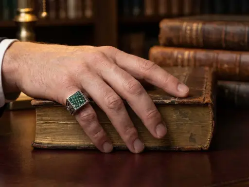 Mano con anello dal significato esoterico, con pietre verdi, appoggiata su un antico libro rilegato in pelle.