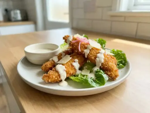 Krispiga bitar av panerad kyckling serveras på en bädd av sallad med krämig dressing och parmesan. En perfekt lunch eller middag.