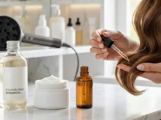 Rutina para saber como hidratar el pelo: champú sin sulfatos, crema y aceite capilar.