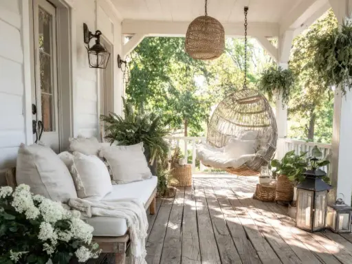 Porche pequeño entrada casa con banco, sillón colgante de mimbre y plantas.