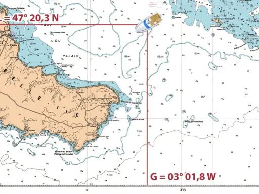 Carte de navigation maritime de la région de Belle-Île, avec une illustration de bateau.