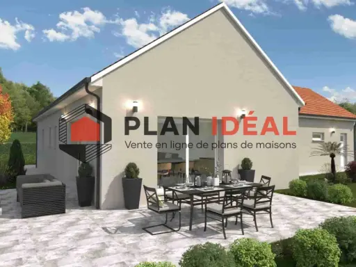 Plan maison plain-pied senior : une villa moderne avec terrasse aménagée, idéale pour profiter de l'extérieur en toute sérénité.