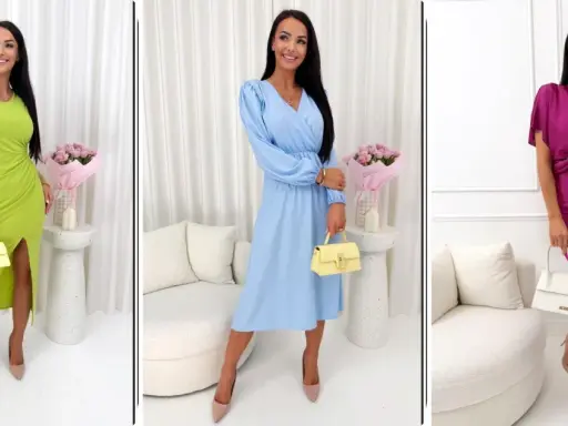 Elegancka stylizacja na Wielkanoc: trzy kobiety w sukienkach w kolorach: limonkowym, błękitnym i fuksji, z torebkami i szpilkami.