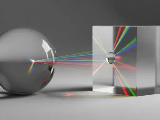 Światło rozszczepia się na pryzmacie, tworząc barwne smugi. To przykład, jak działa ray tracing.