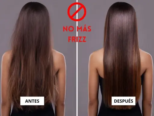 Antes y después de cómo quitar el frizz del pelo. Cabello liso y brillante.
