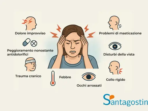 Sintomi di mal di testa nei bambini: dolore improvviso, peggioramento con antidolorifici, trauma cranico, febbre, occhi arrossati, problemi di masticazione, disturbi della vista, collo rigido.