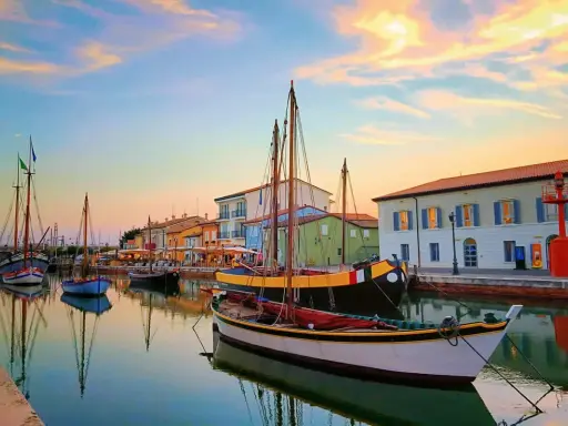 Barche a vela ormeggiate nel porto canale di Cesenatico al tramonto. Un luogo incantevole per scoprire cosa fare a Cesenatico.