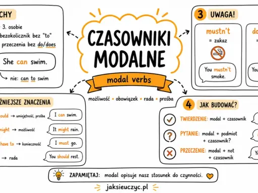 Grafika wyjaśnia present and past modal structures, ich znaczenia (umiejętność, możliwość, konieczność, rada) i budowę zdań.