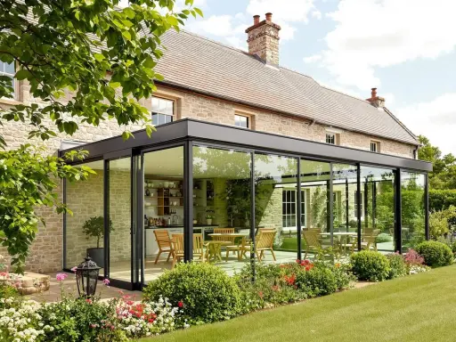 Maison en pierre avec extension moderne, une véranda lumineuse avec cuisine et salle à manger, entourée d'un jardin fleuri.