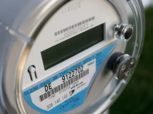 Zbliżenie na licznik energii elektrycznej z etykietą wskazującą na taryfę nocną Energa. Widoczny numer seryjny i dane techniczne.