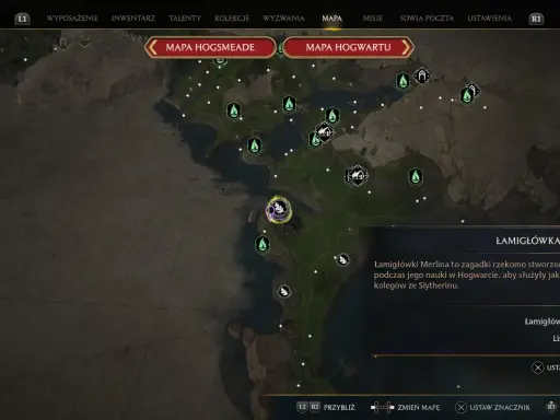 Mapa Hogwartu z zaznaczonymi zagadkami Merlina. Opis wyjaśnia, że to zadania stworzone przez Merlina.