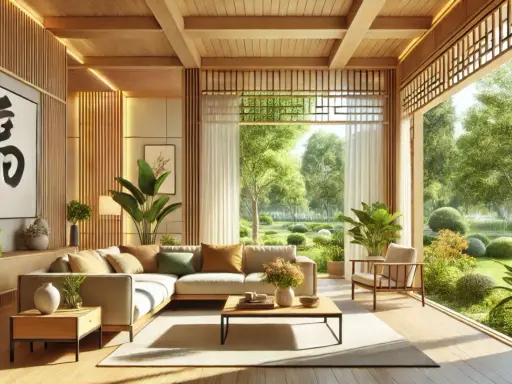 Soggiorno luminoso con divano angolare, tavolino e vista su un giardino rigoglioso, in perfetto stile feng shui.