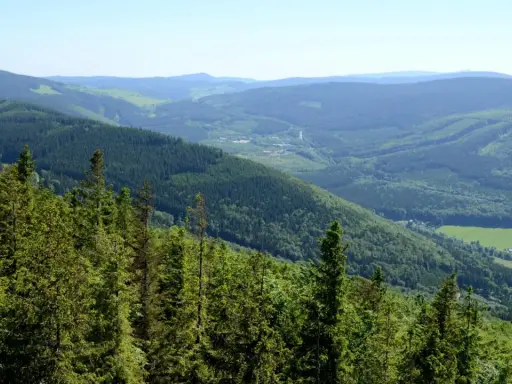 Zielone, zalesione zbocza Gór Opawskich schodzą ku dolinie z polami i zabudowaniami.