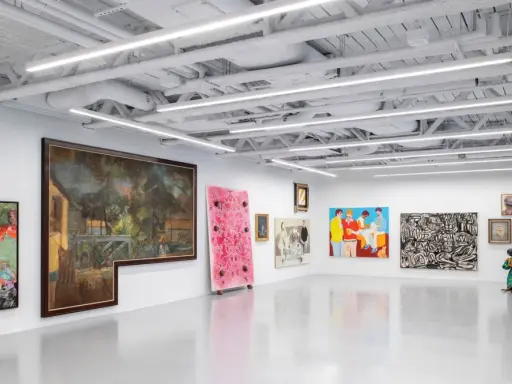 A vibrant art exhibition at Saatchi Yates, featuring diverse paintings and a sculpture, with a striking pink artwork and a figure in a colorful dress.