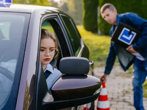 Dziewczyna za kierownicą auta szkoleniowego, instruktor z tablicą "L" obok. Spełnienie wymagań na prawo jazdy kat. A.