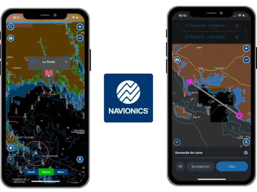 Application de navigation marine Navionics sur deux iPhones affichant des cartes nautiques détaillées.