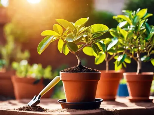 Un petit citronnier prêt à être rempoté dans son nouveau pot en terre cuite, sous un soleil radieux.