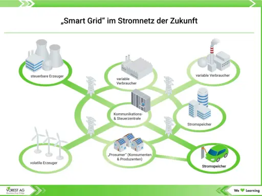 Schema eines Smart Grids in Deutschland: steuerbare und volatile Erzeuger, Verbraucher, Speicher und eine zentrale Steuerung.