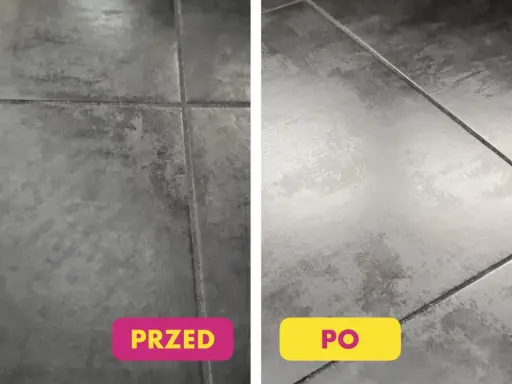 Porównanie podłogi: po lewej brudna, po prawej lśniąca po umyciu.