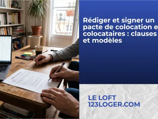 Un homme signe un contrat de colocation sur une table en bois, un ordinateur portable ouvert à côté. Le texte indique "Rédiger et signer un pacte de colocation".