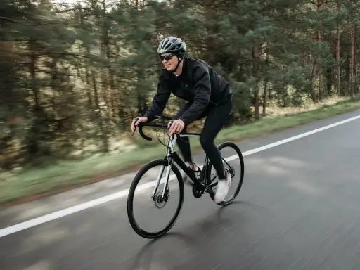 Mężczyzna w kasku i okularach jedzie na rowerze szosowym przez las. To świetny sposób, jak schudnąć na rowerze, poprawiając kondycję.