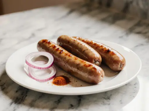 Drei goldbraune Bratwürste im Airfryer zubereitet, serviert mit roten Zwiebelringen und Paprikapulver auf einem weißen Teller.