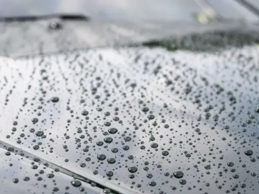 Krople wody na ciemnym lakierze po nałożeniu ceramiki. Efekt perlenia świadczy o hydrofobowości powłoki.