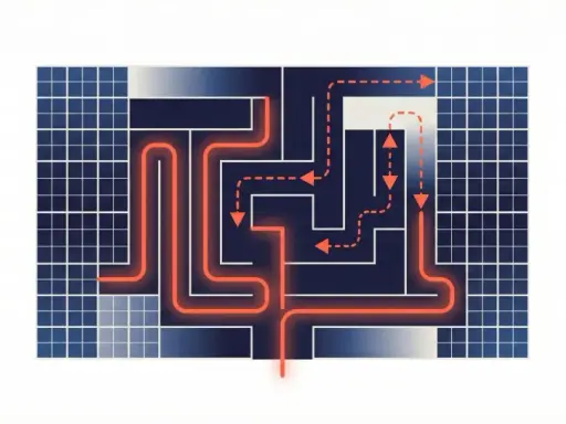 Un labyrinthe complexe avec une ligne orange lumineuse traversant les panneaux solaires. La sortie est loin s'en faut.